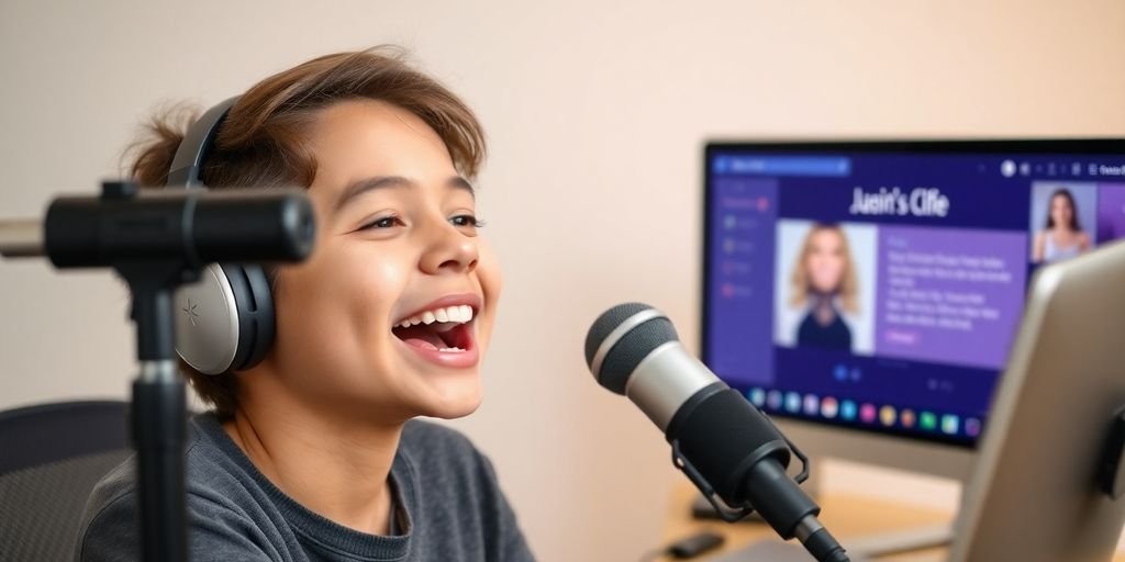 Beginner singing online with a smile.