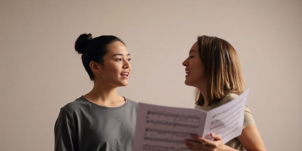 Singer practicing scales with vocal coach observing.