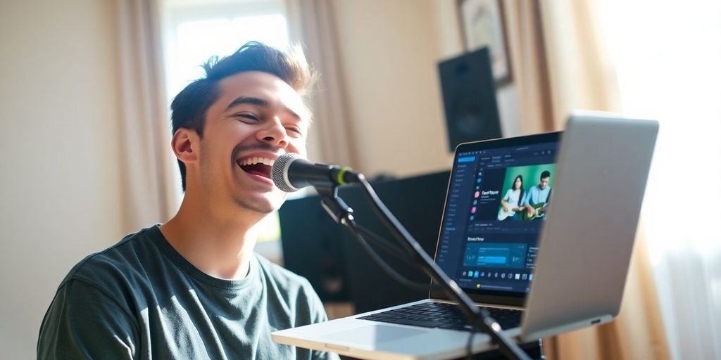 Happy person singing with a laptop.